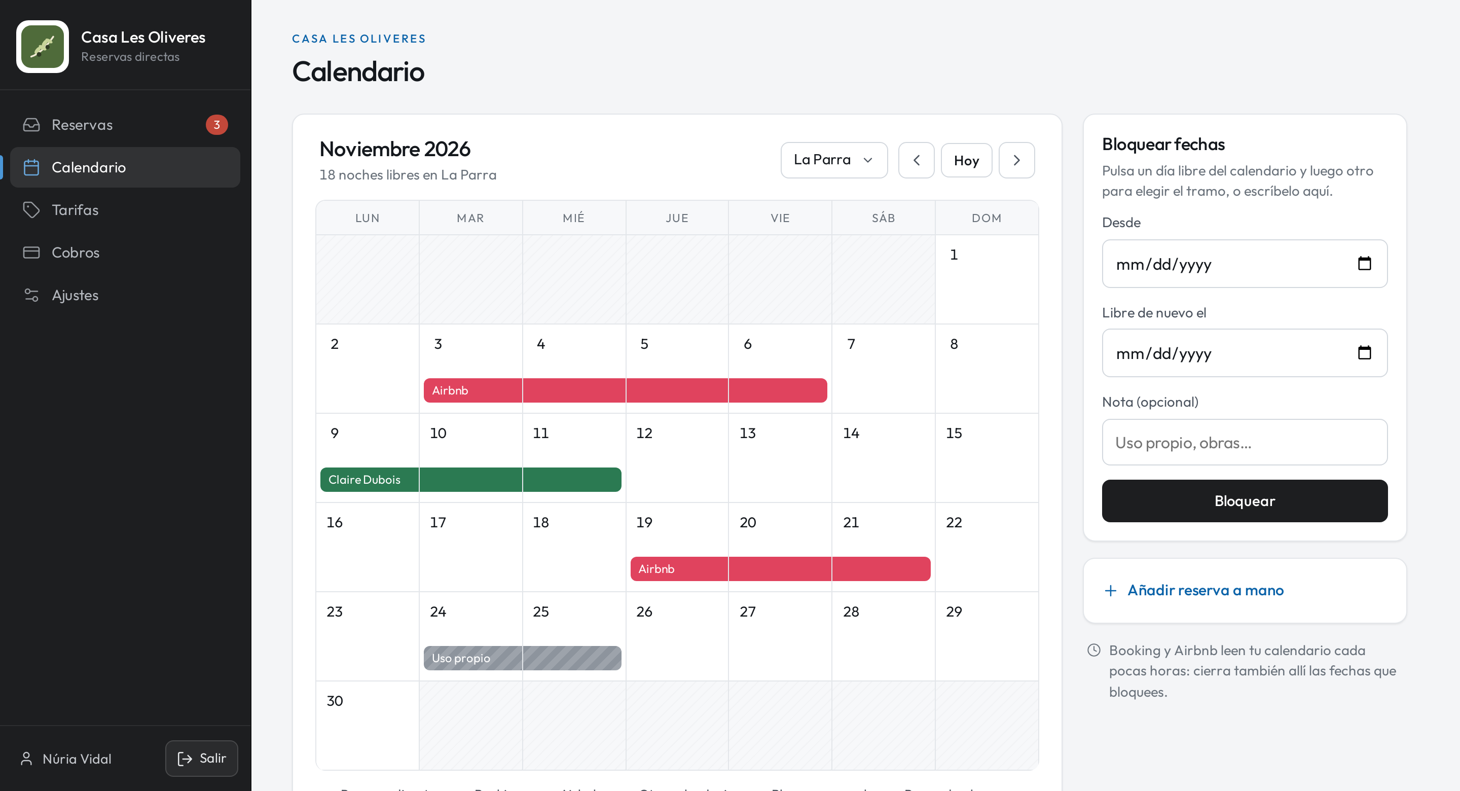 Calendario del panel de SnugKey con reservas directas, Booking y bloqueos