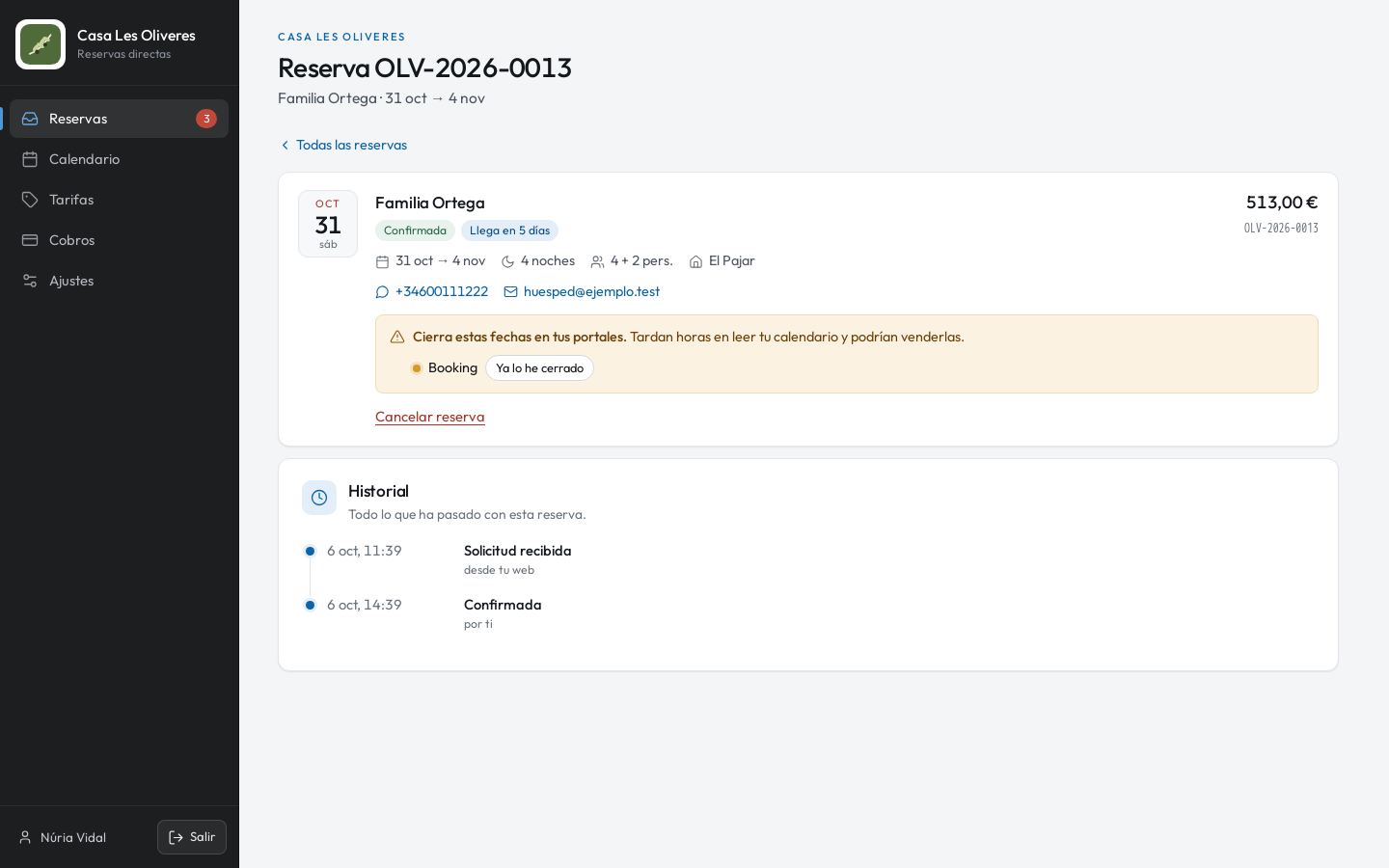 Detalle de una reserva en SnugKey con su historial