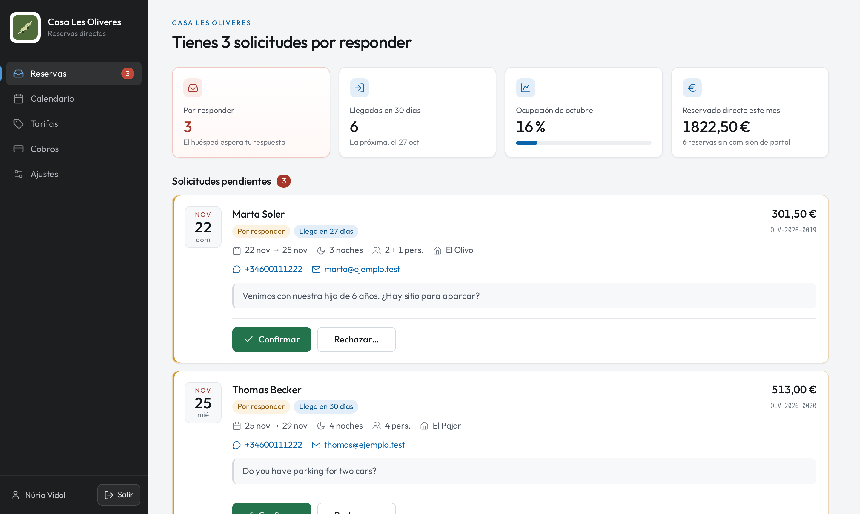 Panel de SnugKey con solicitudes por responder y próximas estancias