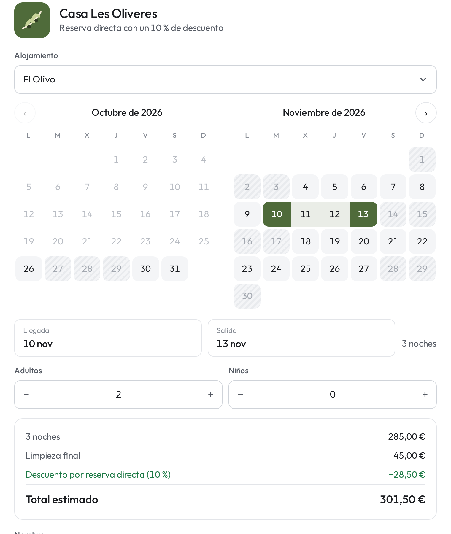 Calendario de reservas de SnugKey en la web del alojamiento, con fechas elegidas y el precio desglosado