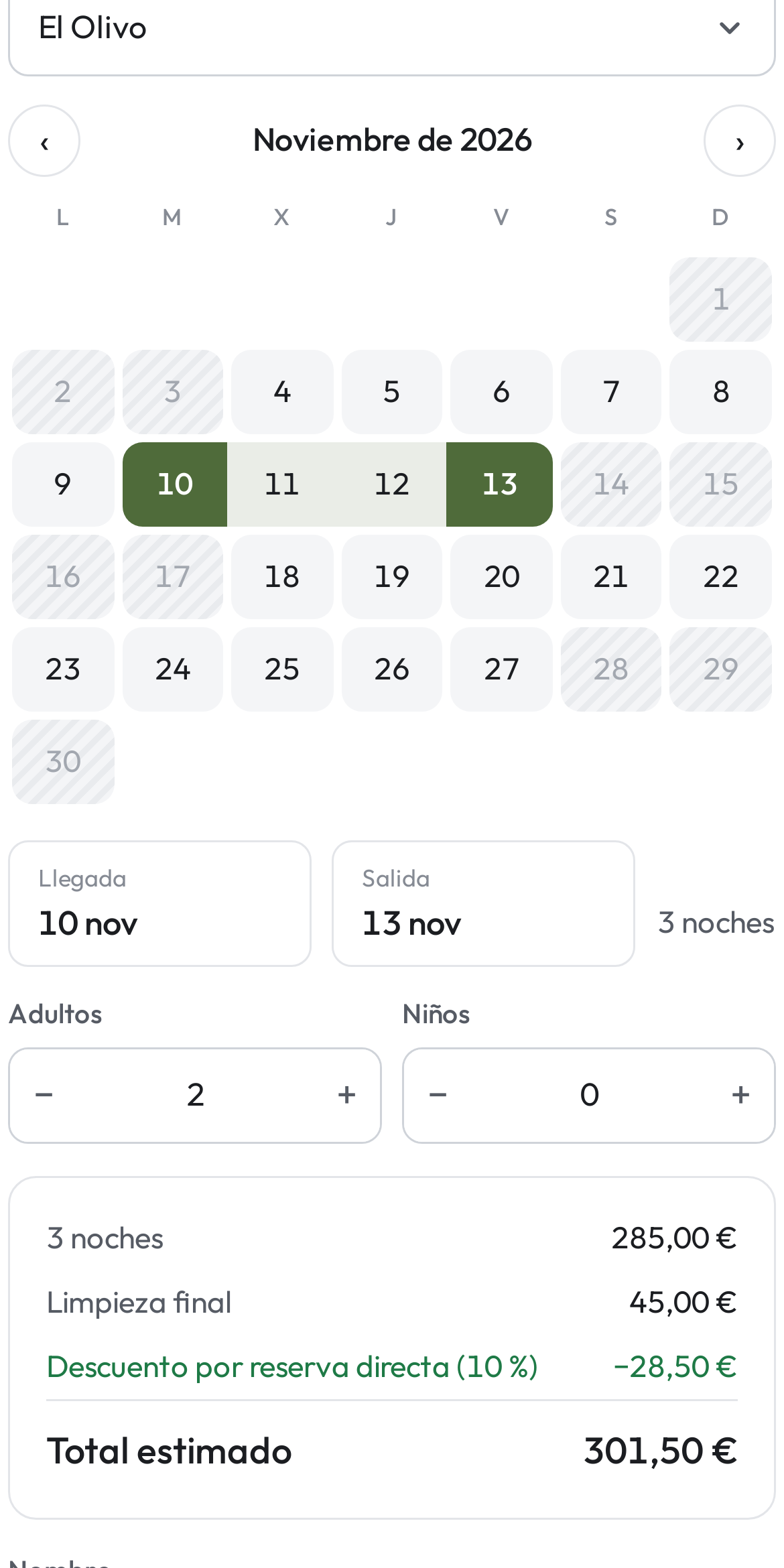 Calendario de SnugKey en el móvil con fechas elegidas y precio